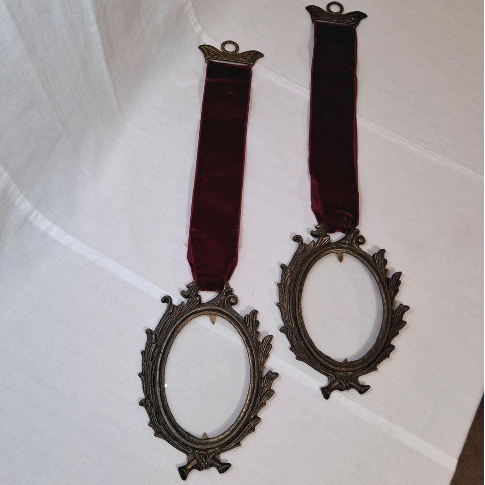 Pair of Vintage Himark Ornate Brass Oval Picture Frames Velvet Ribbon Hangers